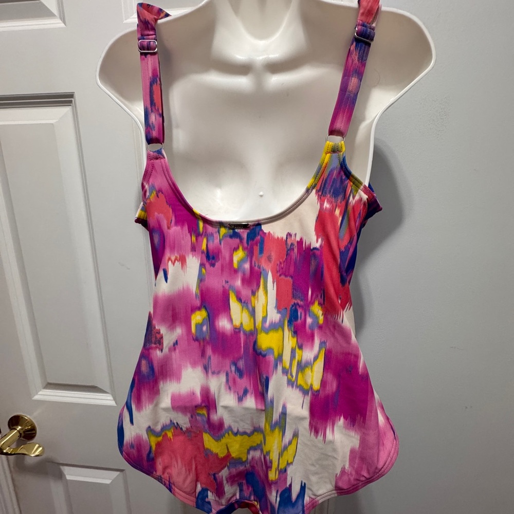 DKNY Pink and Blue One Piece Swimsuit with ruffle Plunging V-neckline size 10 - Picture 3 of 6